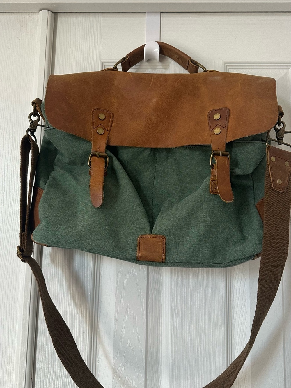 Green Canvas Messenger Bag with Brown Leather Trim for Men